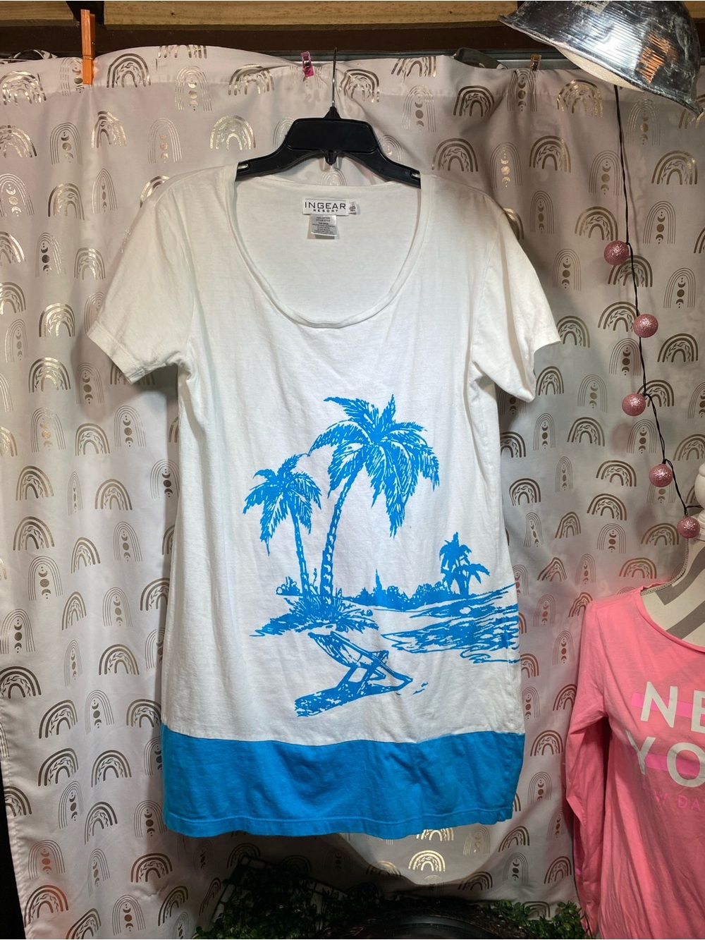 INGEAR White and Bright Blue Palm-Print Short Sleeve Tee